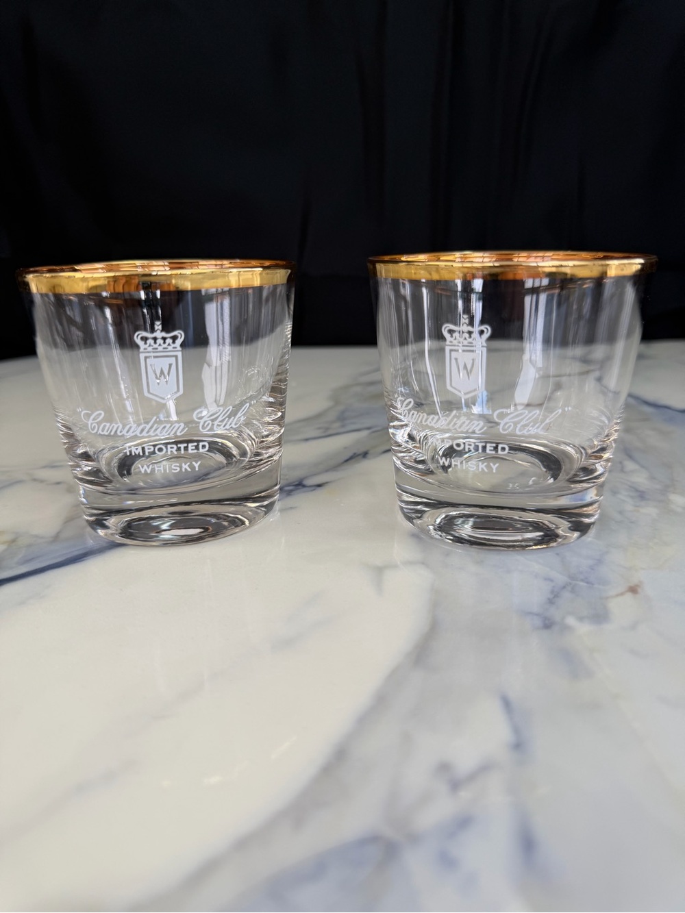 Vintage Canadian Club Gold Rimmed Whiskey Lowball Glasses - Set of 2